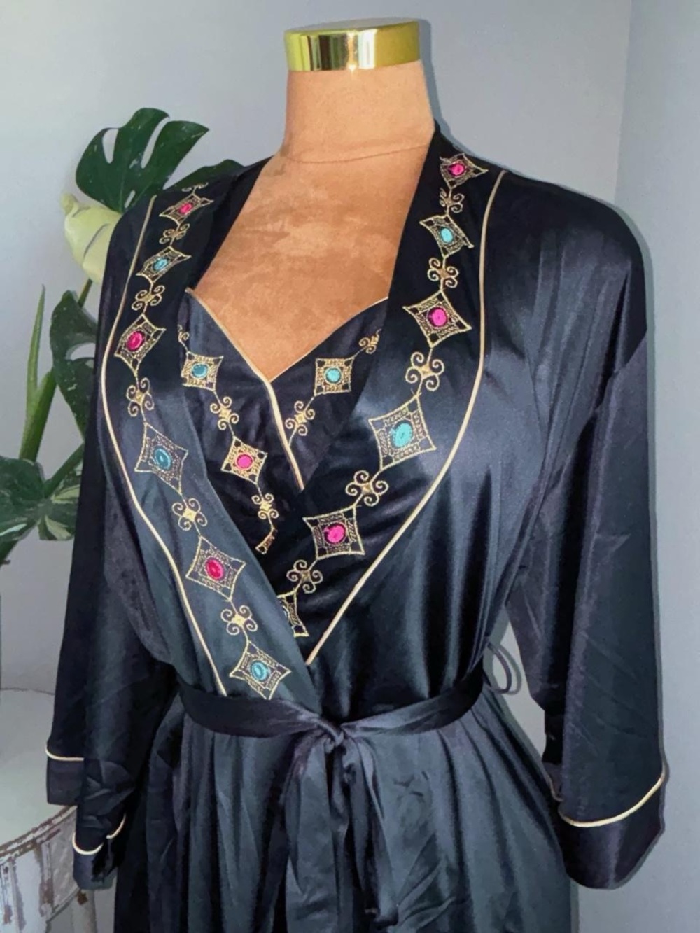 Vanity Black Satin Robe with Gold Trim and Jewel Embellishments